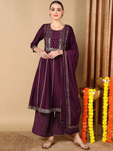 Women Purple Silk Blend Solid Embroidered Kurta Palazzo With Dupatta